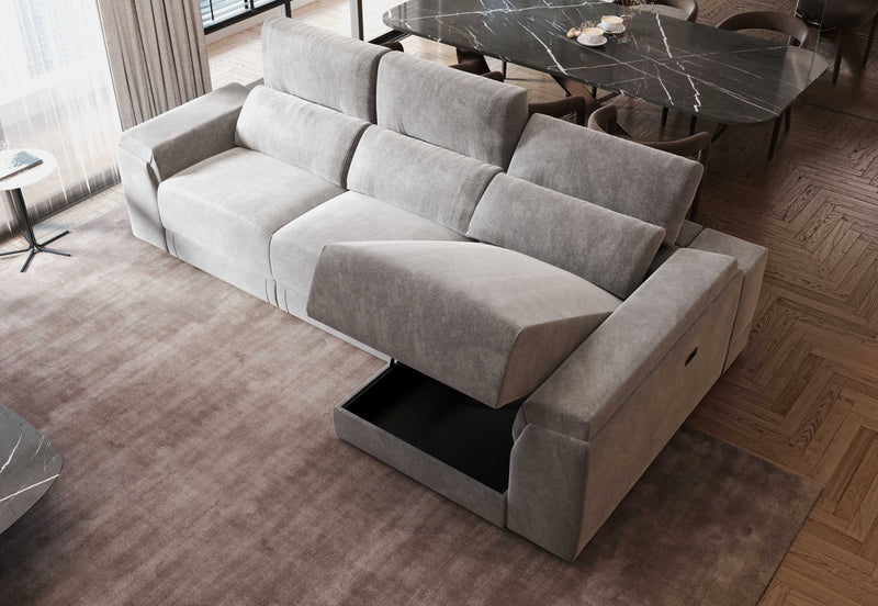 Lucia Light Grey Power Reclining Fabric Sectional Sofa with Storage Chaise