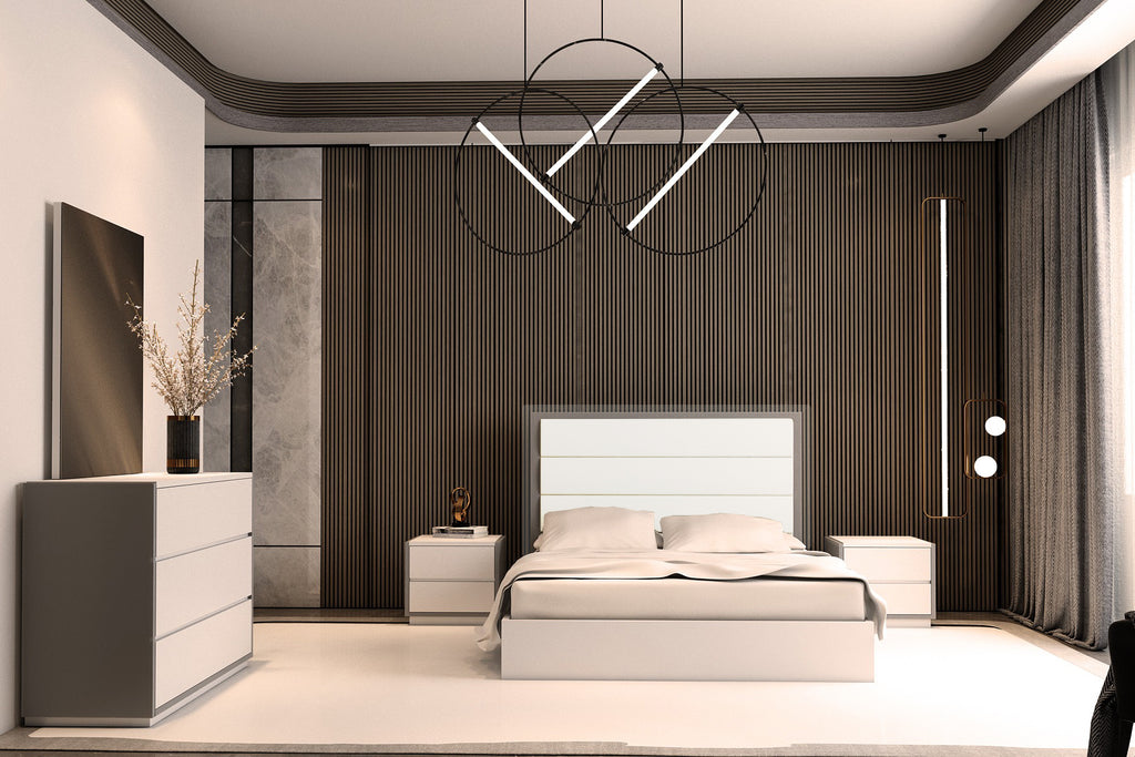 grey bed and white dresser Sabrina Bedroom Set