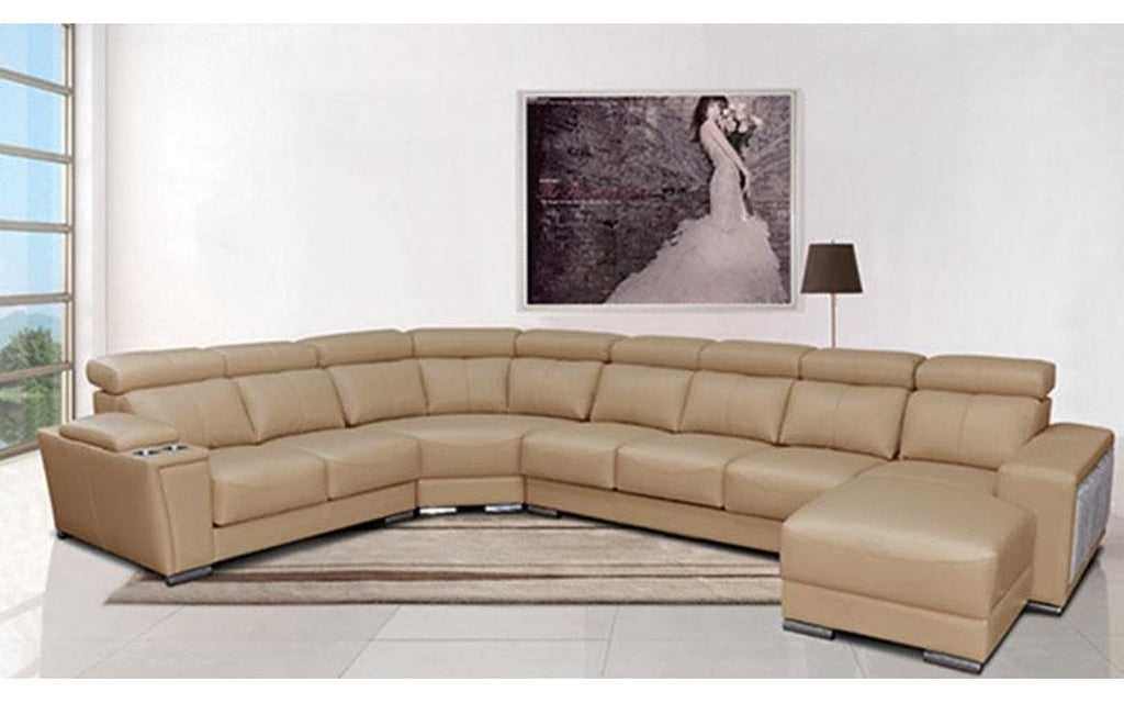 8312 Beige Leather Sectional w/ Sliding Seats | Paramus Mega Furniture