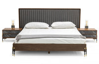 Nova Domus Metcalf Mid-Century Walnut & Grey Bed w/ Two Nightstands