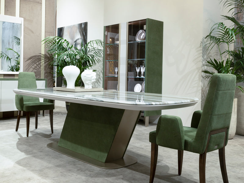 Giacomo Luxury Dining Room Set Marble top and green leather suede chairs