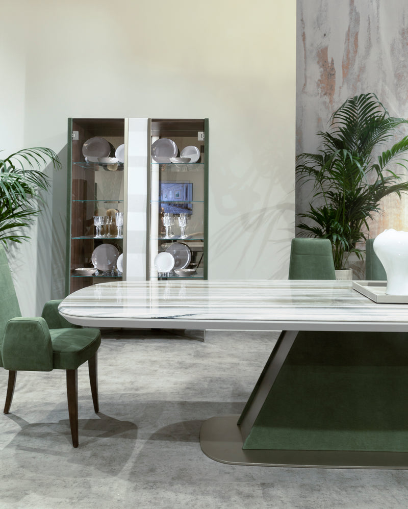Giacomo Luxury Dining Room Set Marble top and green leather suede chairs