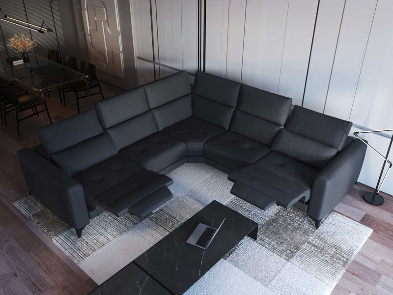 FERRARA DARK GREY LEATHER SECTIONAL WITH 3 POWER RECLINERS