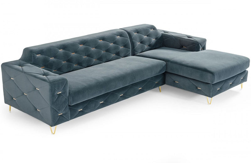 Divani Casa Chesterfield Blue Velvet Right Facing Sectional Sofa