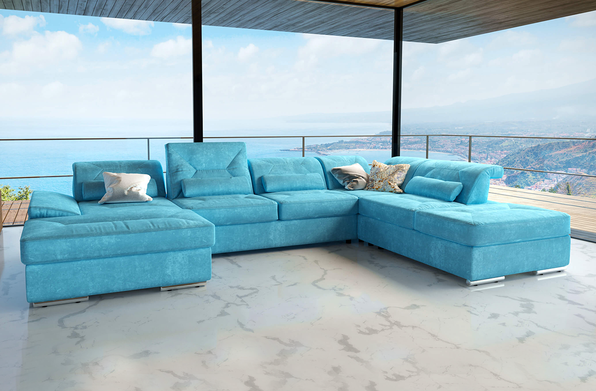 Alpine-X  Teal Fabric Sectional U-shape with bed and storage by Nordholtz