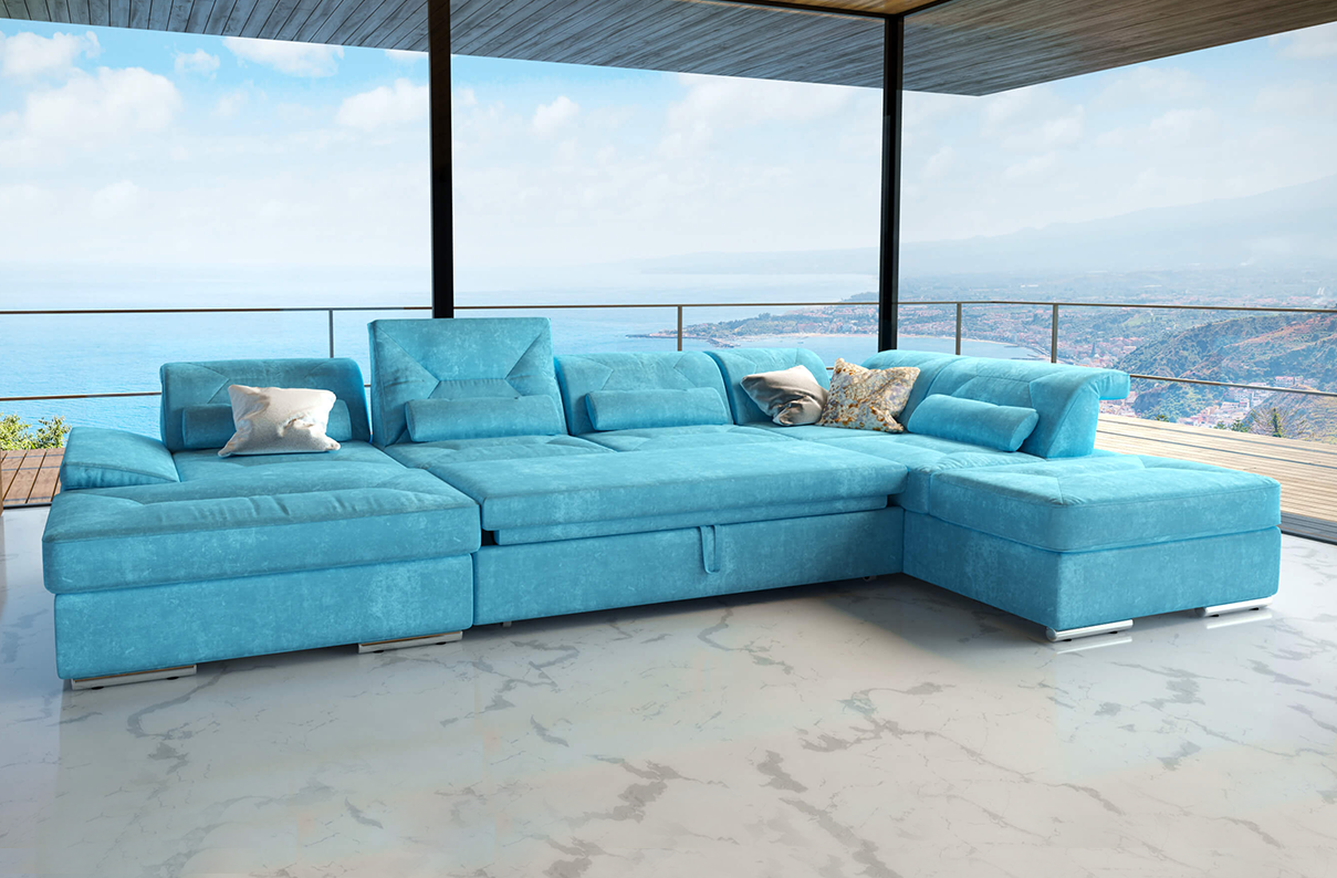 Alpine-X  Teal Fabric Sectional U-shape with bed and storage by Nordholtz
