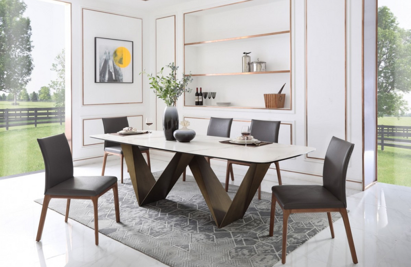 Milena - Modern White Ceramic & Brushed Brown Dining Table