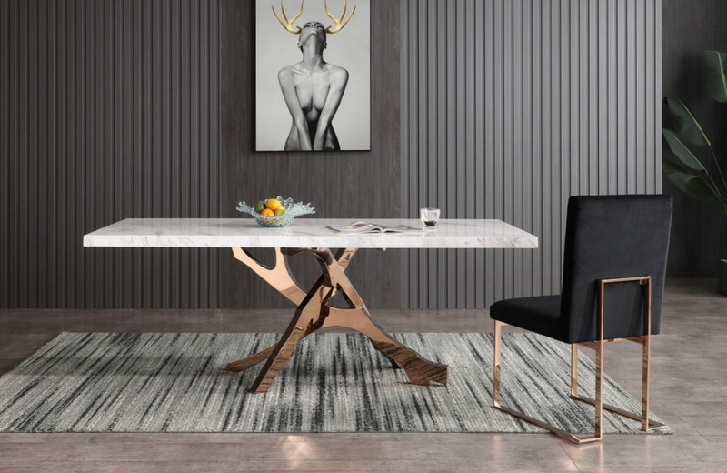 Lakewood - Modern White Marble & Rosegold Dining Table