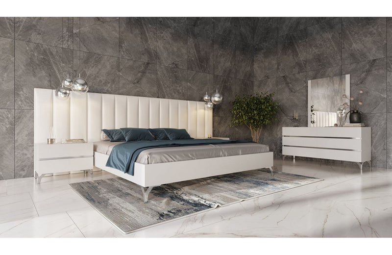Nova Domus Angela Italian Modern White Eco Leather Bed w/ Nightstands and Wings