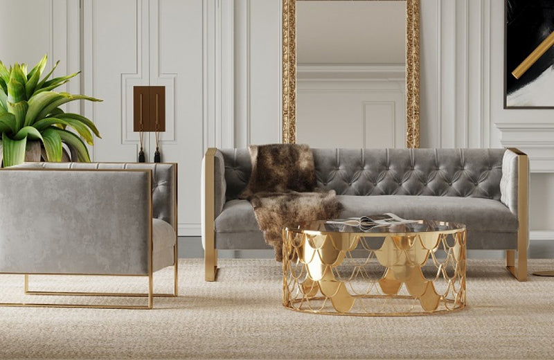 Divani Casa Carlos Modern Grey Velvet & Gold Sofa