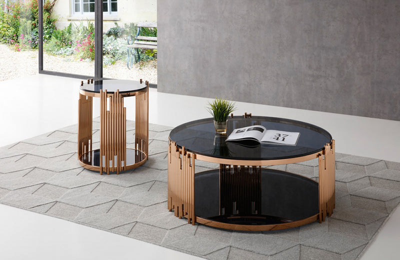 Modrest Bryce Modern Smoked Glass & Rosegold Round Coffee Table