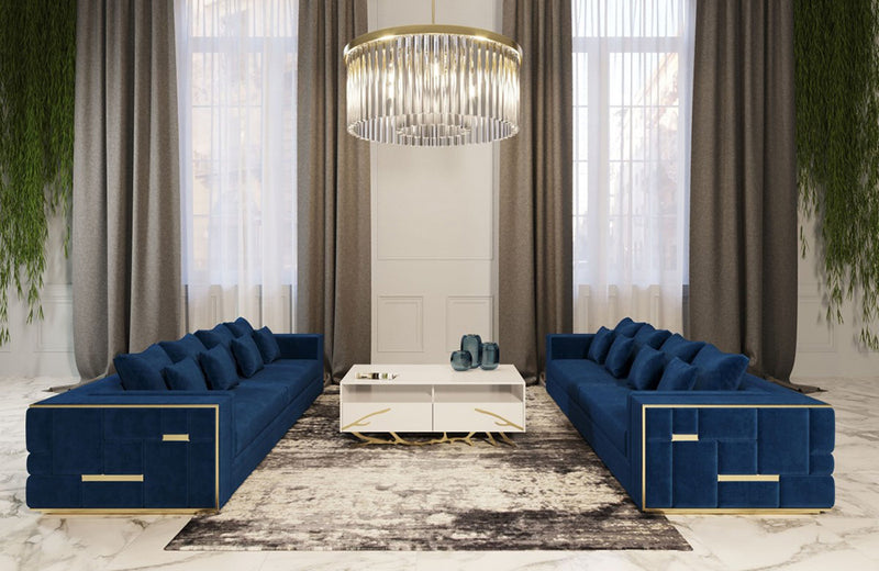 Divani Casa Mobray Glam Blue & Gold Fabric Sofa