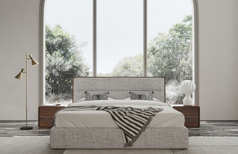 Modrest Dustin Modern Grey Fabric & Walnut Trimmed Bed