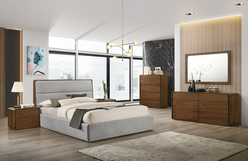 Modrest Dustin Modern Grey Fabric & Walnut Trimmed Bed