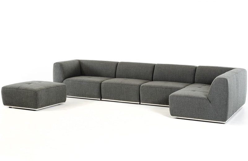 Divani Casa Hawthorn Modern Grey Fabric Modular Chaise Sectional Sofa + Ottoman