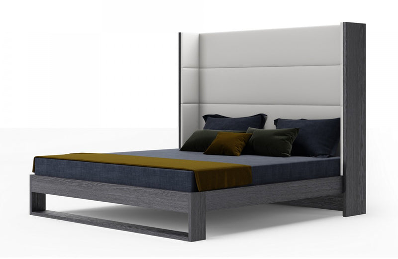 Modrest Heloise Contemporary White Leather & Grey Elm Trim Bed