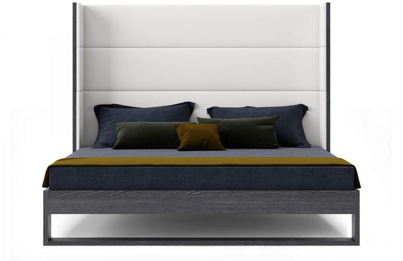 Modrest Heloise Contemporary White Leather & Grey Elm Trim Bed