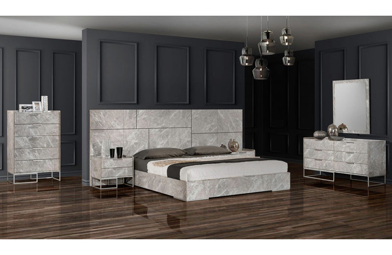 Nova Domus Marbella Italian Modern Grey Marble Bed w/ 2 Nightstands