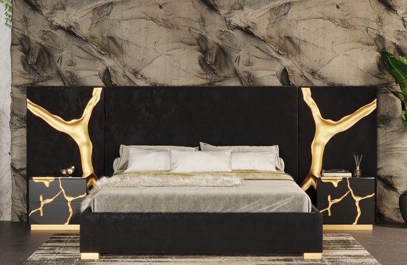 Modrest Evonda Modern Black Velvet & Brass Bed