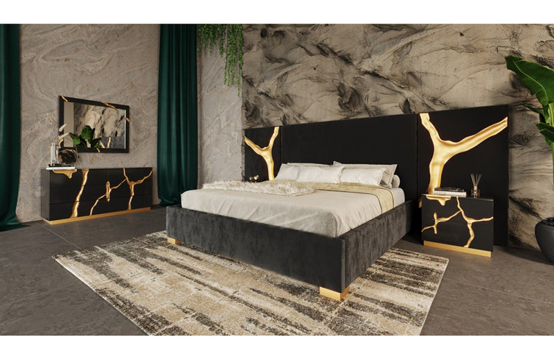 Modrest Aspen Eastern King Glam Black Velvet & Gold Bed